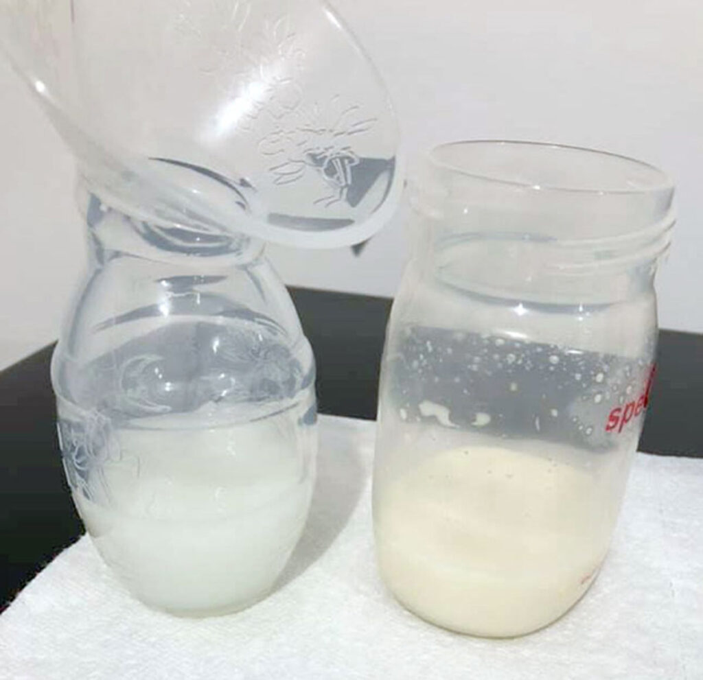 The milk on the left was collected from a very full breast. The milk on the right was collected from a breast that was well drained prior to pumping. The amount of fat in one feed isn't significant in the big scheme of things. 