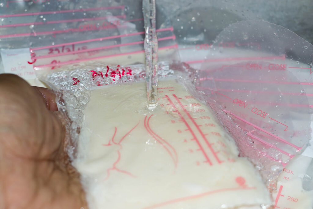 Always thaw frozen breastmilk under running water, in a bowl of warm water, or in the fridge. 