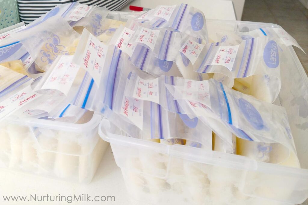 About 250 oz of breastmilk that has been hand expressed and frozen. The breastfeeding parent resolved her early engorgement this way. 